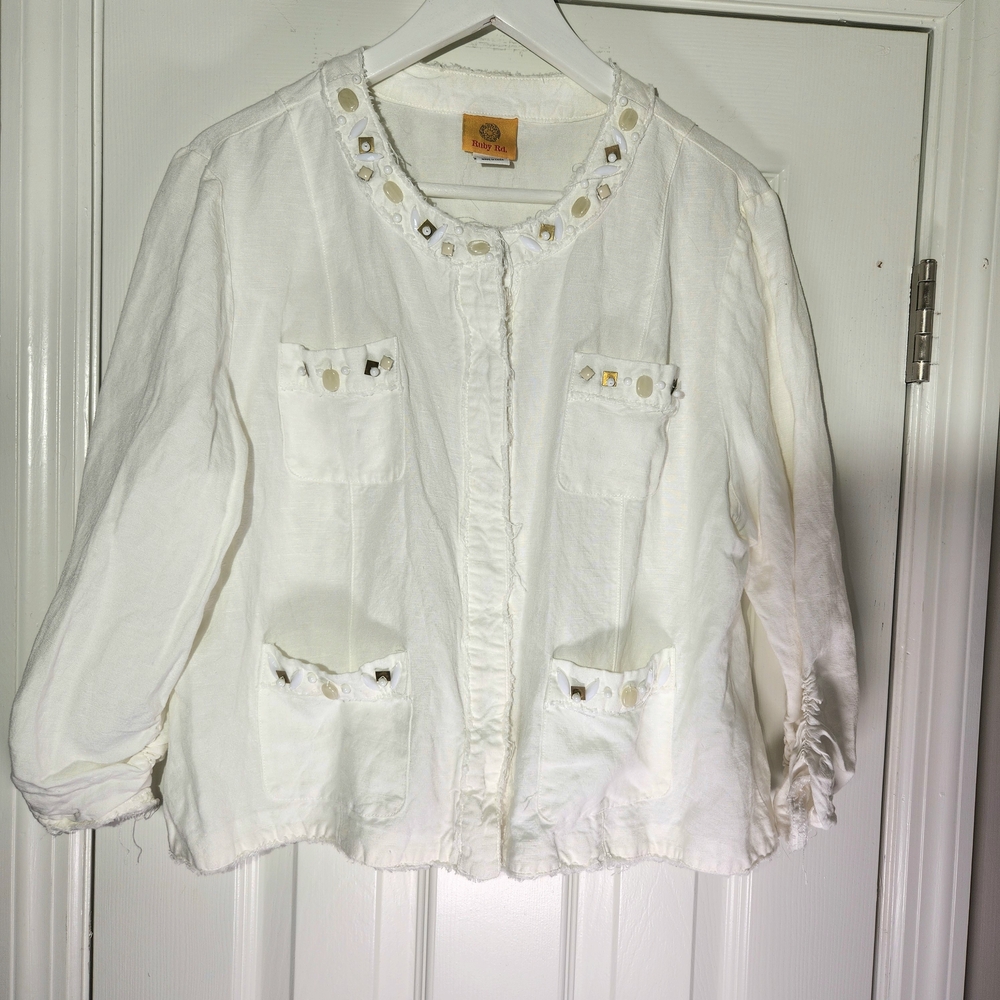 Ruby Rd. White Linen Blend Jacket with Bead & Stone Embellishments Womens 16